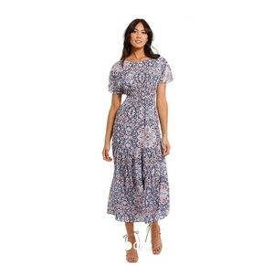 Kachel x Anthropologie Kaleidoscope Blue Print 35% Silk Tiered Midi Dress